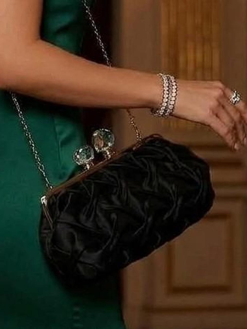 Sondra Roberts Black Satin Crystal-Kiss Evening Clutch